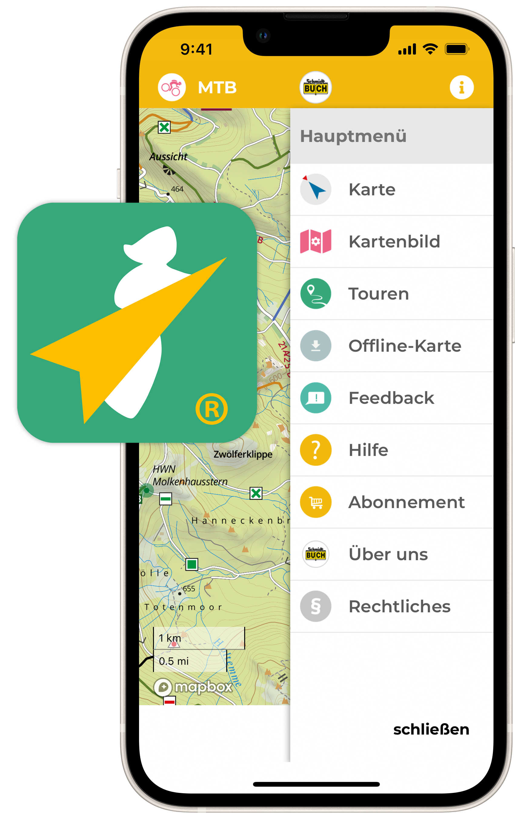 Auf einem Smartphone wird die das Menu der App KartoGuide Harz angezeigt.